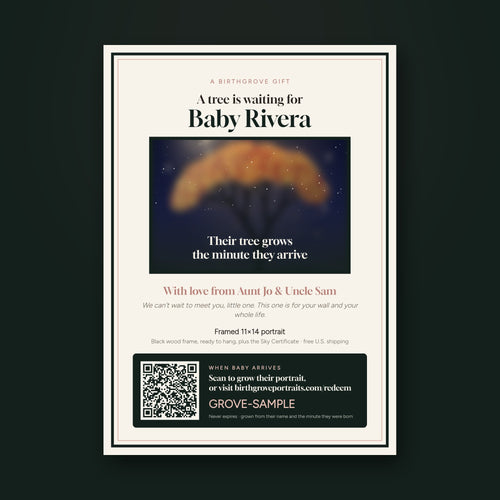 Birthgrove gift certificate: A tree is waiting for Baby Rivera, with a QR code to redeem after the birth