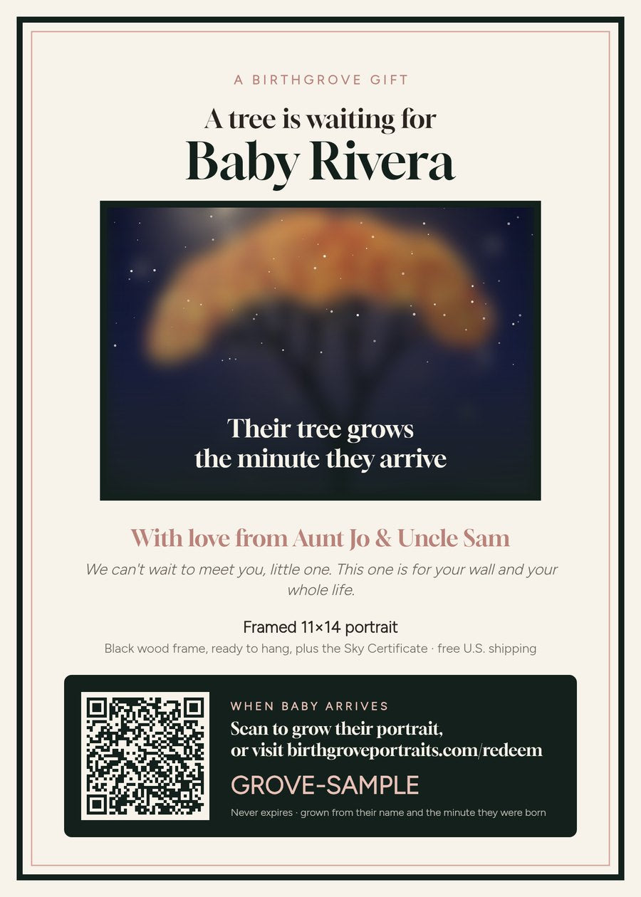 Sample Birthgrove gift certificate: A tree is waiting for Baby Rivera, with love from Aunt Jo and Uncle Sam, with a QR code to redeem after the birth
